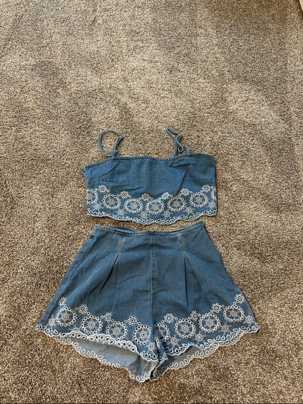 Blue Embroidered Denim Shorts set -
